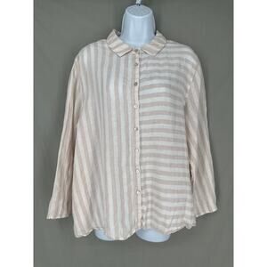 St Tropez West Top Womens XL Beige White Striped Linen Button Long Sleeve Beach